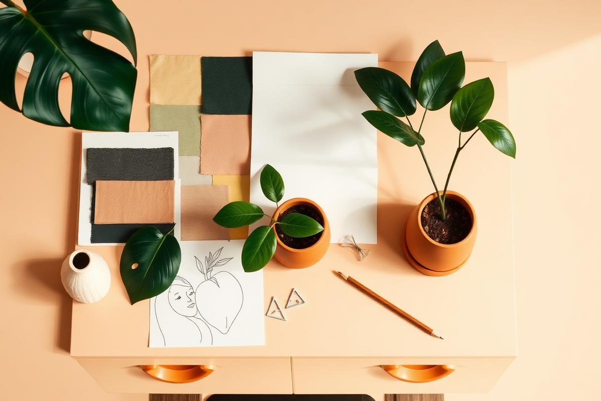 Plant design mood board with fabric swatches, sketches, and terracotta planters