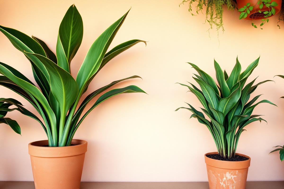 Snake plant and ZZ plant in terracotta pots against a warm peach wall