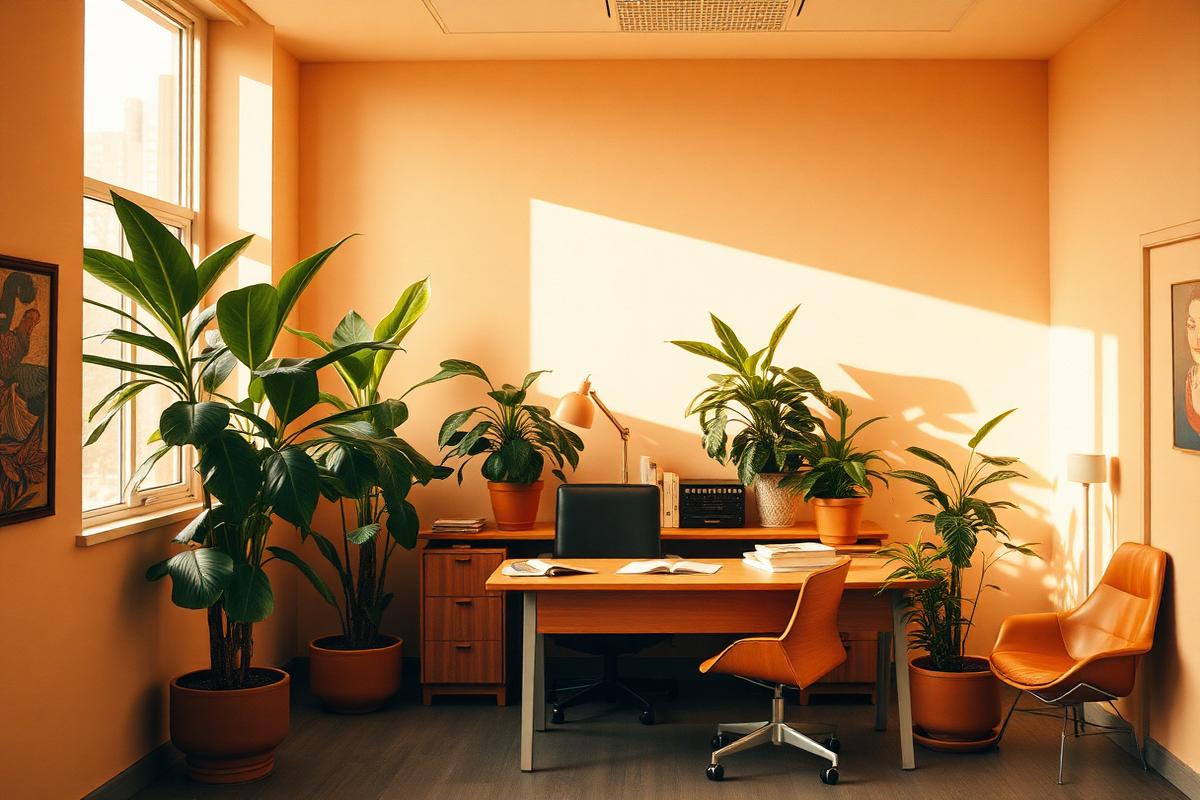 Sunlit retro office with large potted plants beside a wooden desk