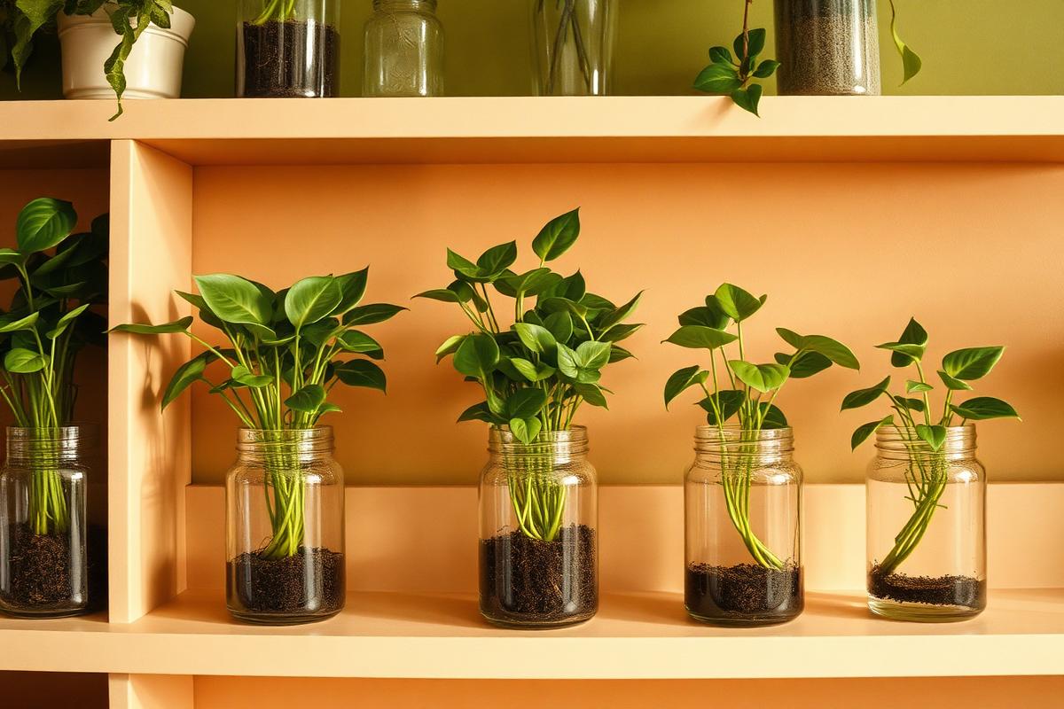 Glass jars of pothos cuttings rooting in water on a peach-cream shelf